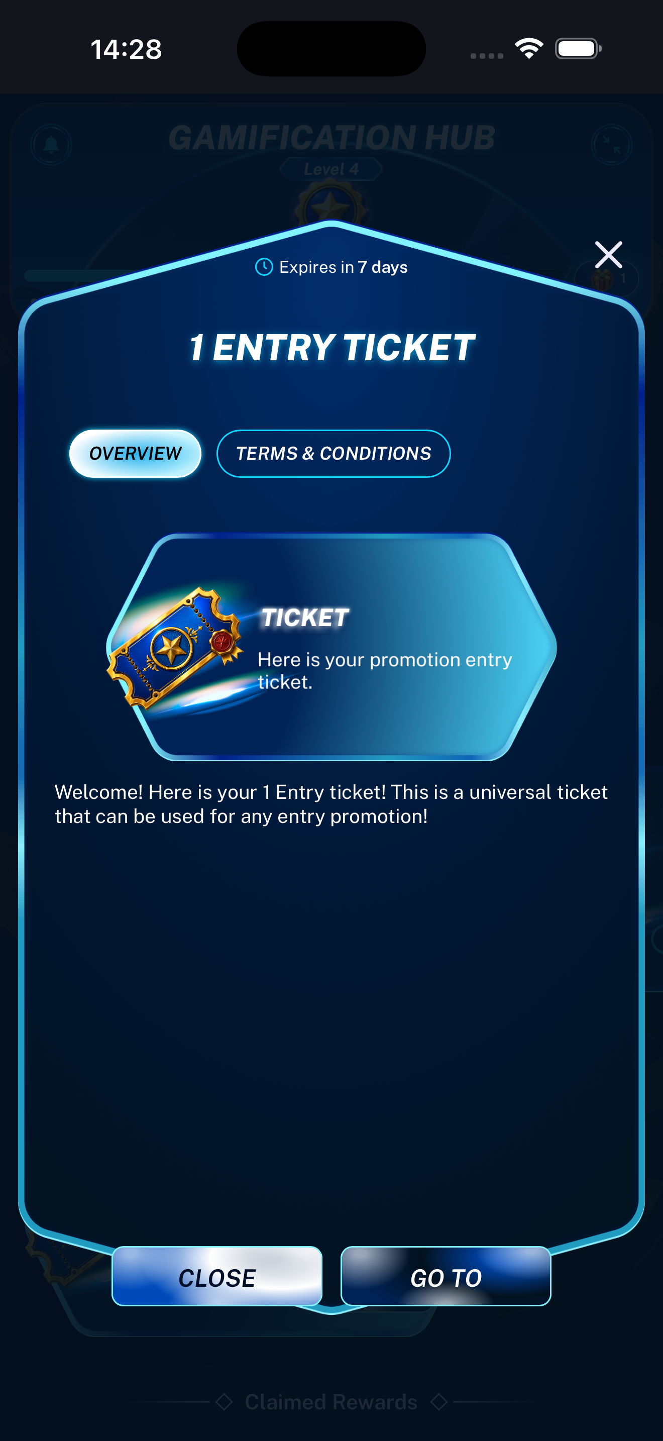 Entry Ticket reward preview displayed on a mobile phone